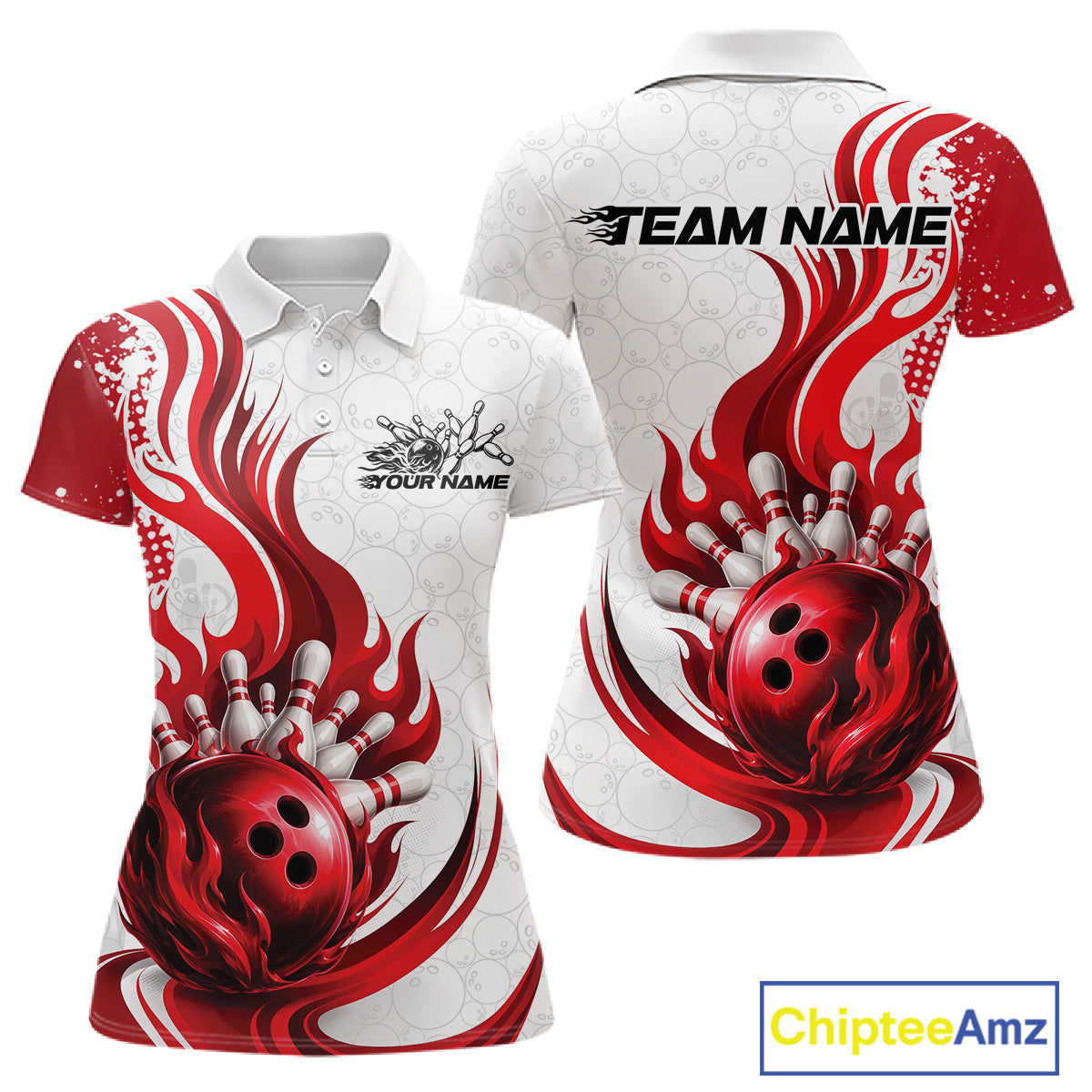 Custom Red Flame Bowling Team Women Polo Shirt, Bowling Ball Pattern Bowling Jerseys IPHW11649