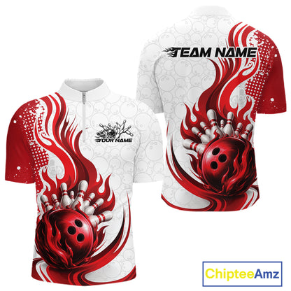 Custom Red Flame Bowling Team Men Quarter Zip Shirt, Bowling Ball Pattern Bowling Jerseys IPHW11649