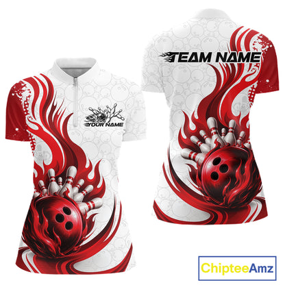 Custom Red Flame Bowling Women Quarter-Zip Shirt, Bowling Ball Pattern Bowling Jerseys IPHW11649