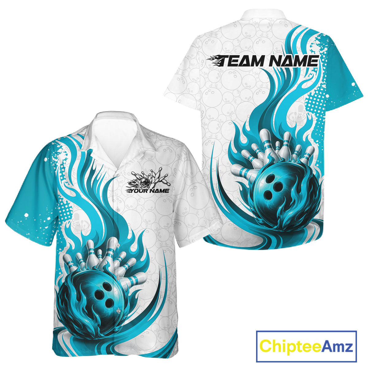 Custom Blue Flame Bowling Team Men And Women Hawaiian Shirt, Bowling Ball Pattern Bowling Jerseys IPHW11650
