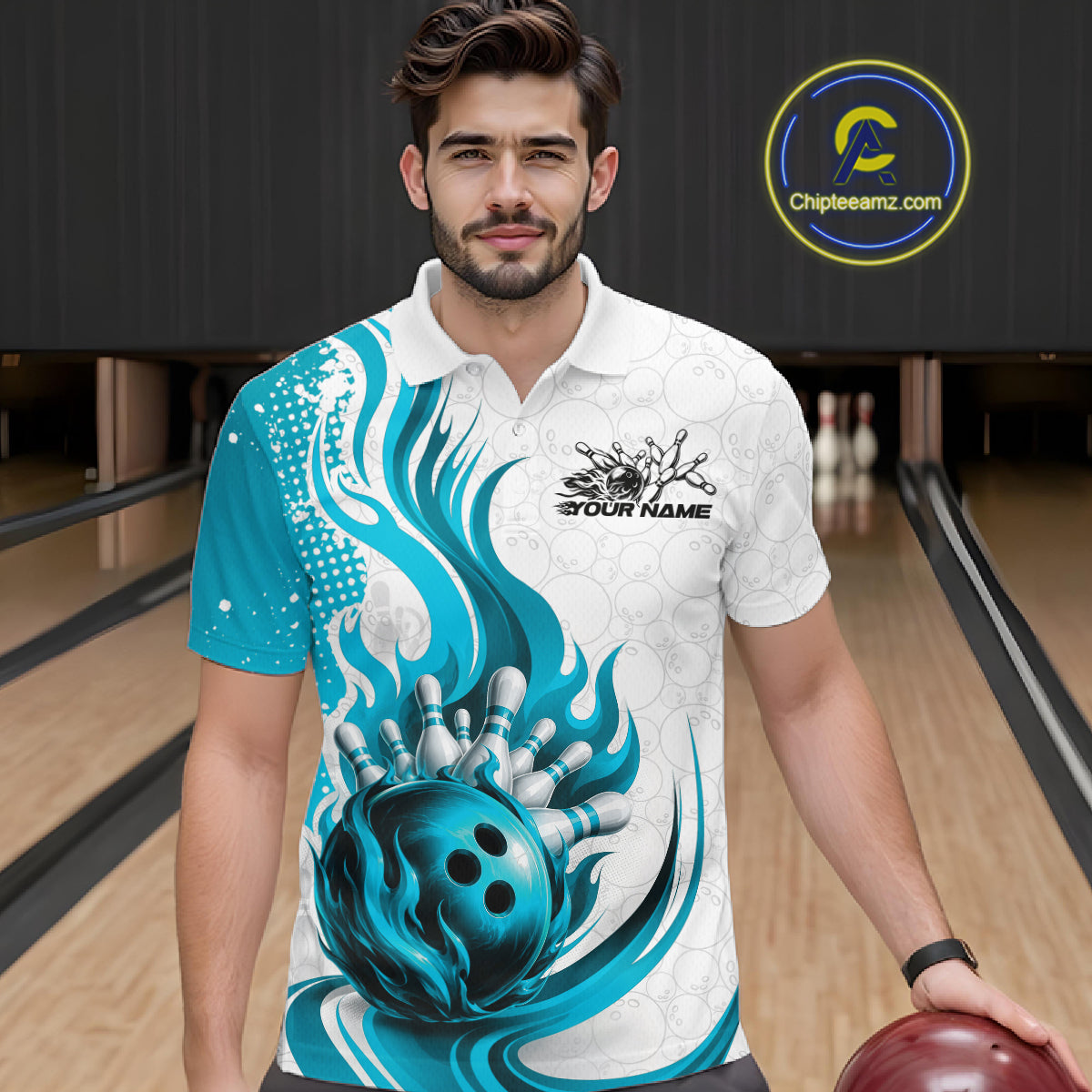 Custom Blue Flame Bowling Team Men Polo Shirt, Bowling Ball Pattern Bowling Jerseys IPHW11650