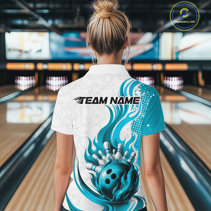 Custom Blue Flame Bowling Women Quarter-Zip Shirt, Bowling Ball Pattern Bowling Jerseys IPHW11650