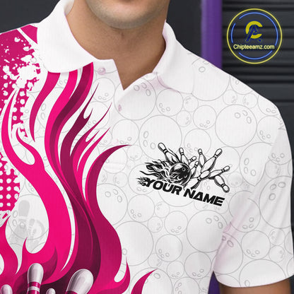Custom Pink Flame Bowling Team Men Polo Shirt, Bowling Ball Pattern Bowling Jerseys IPHW11651