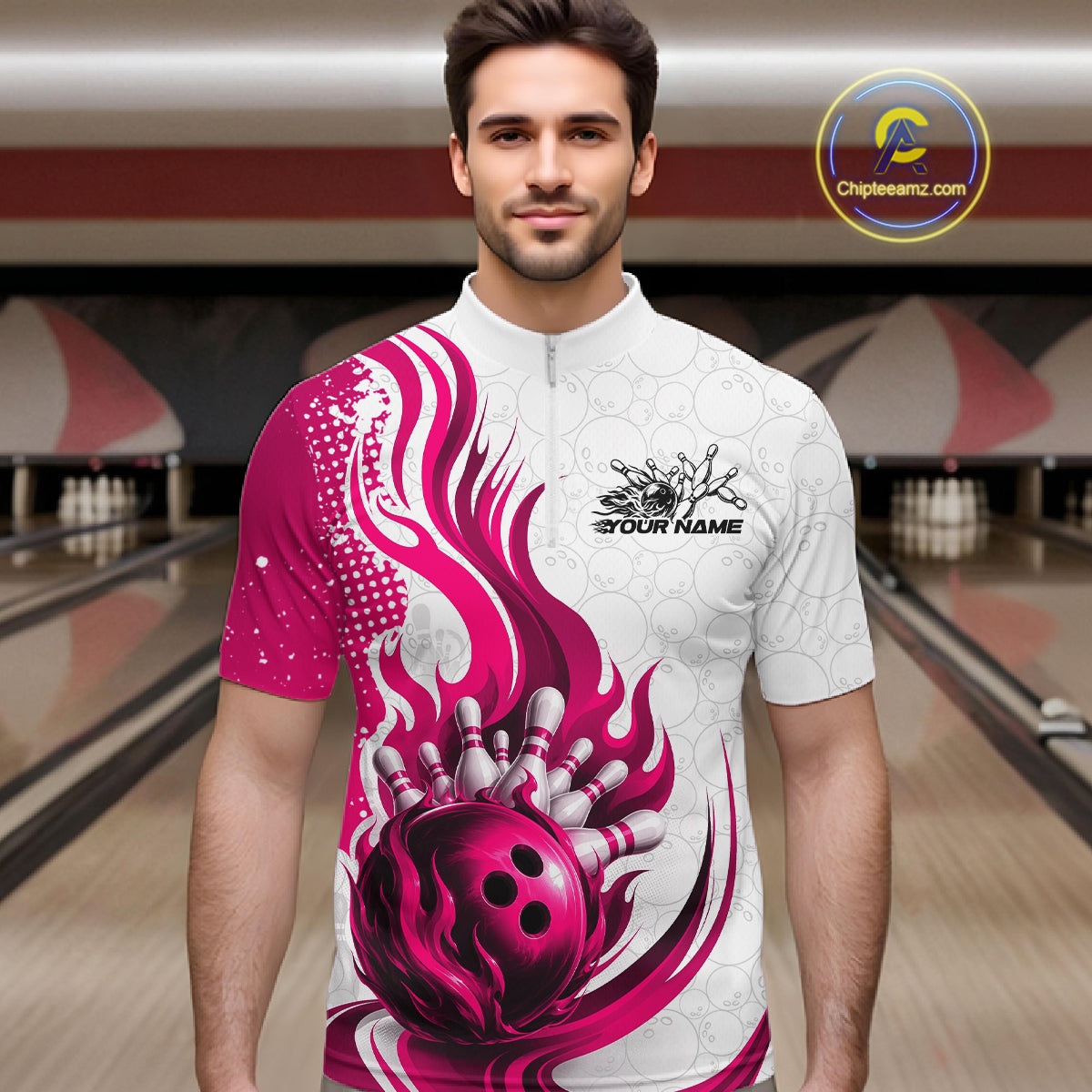 Custom Pink Flame Bowling Team Men Quarter Zip Shirt, Bowling Ball Pattern Bowling Jerseys IPHW11651
