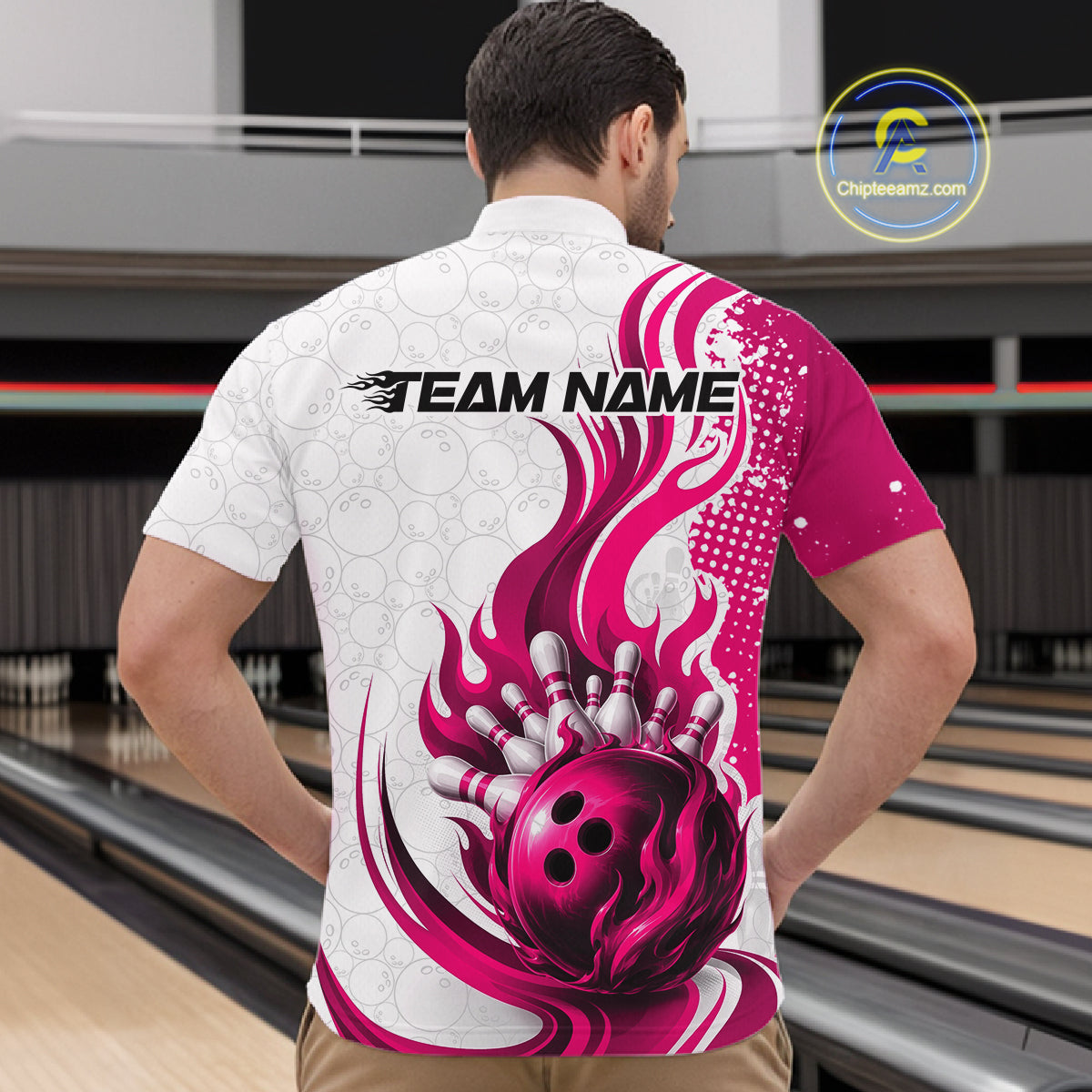 Custom Pink Flame Bowling Team Men Quarter Zip Shirt, Bowling Ball Pattern Bowling Jerseys IPHW11651