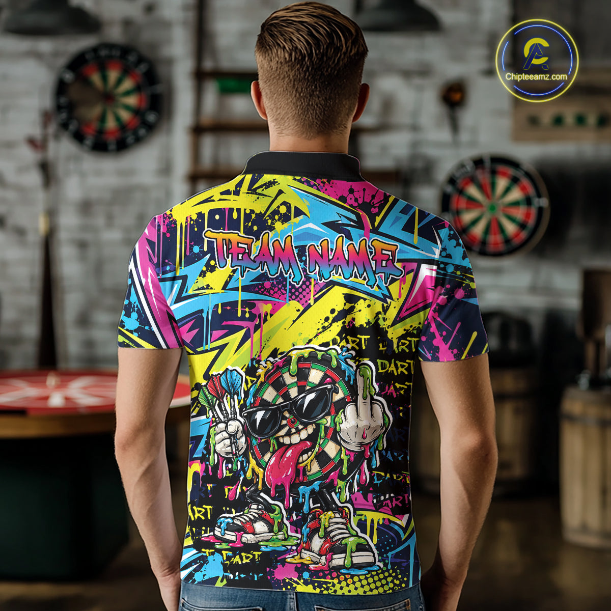 Custom Colorful Dripping Graffiti Funny Dartboard Dart Men Polo Shirt Team Jersey IPHW12687