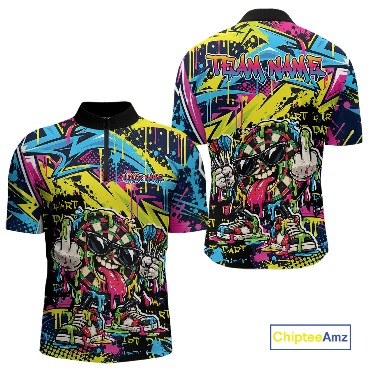 Custom Colorful Dripping Graffiti Funny Dartboard Dart Men Quarter Zip Shirt Team Jersey IPHW12687