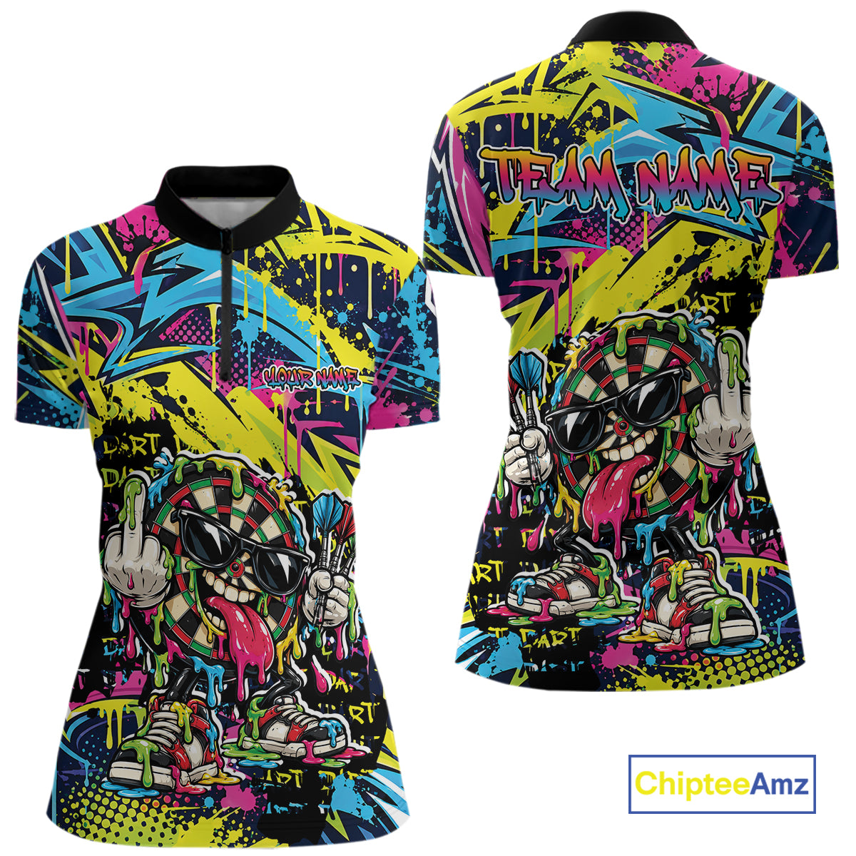 Custom Colorful Dripping Graffiti Funny Dartboard Dart Women Quarter-Zip Team Jersey IPHW12687