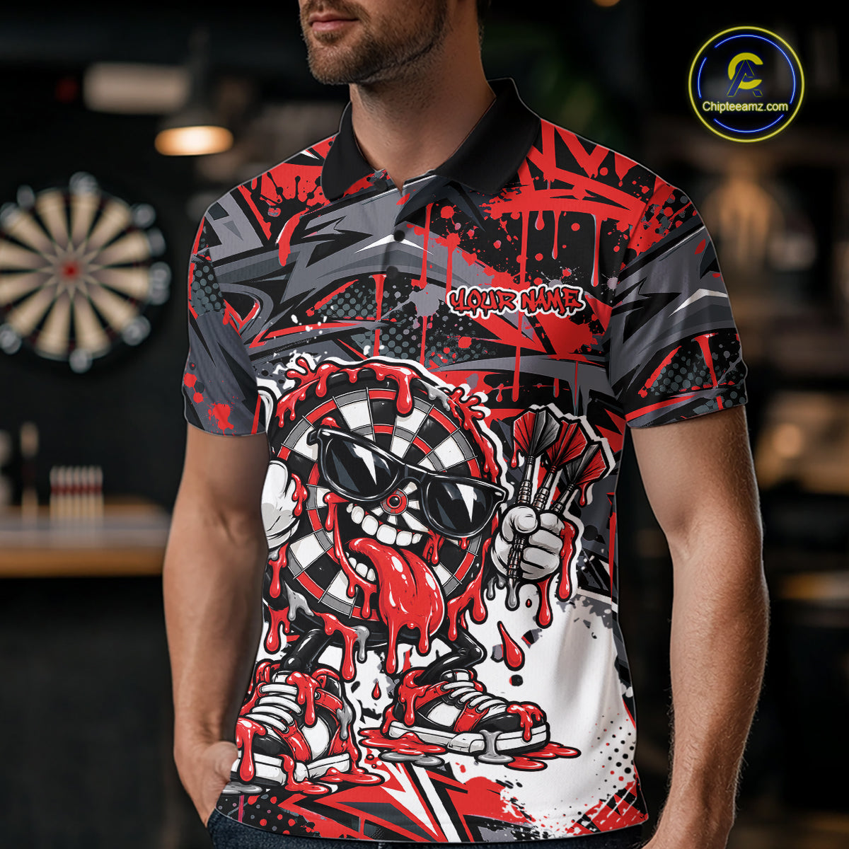 Custom Red Graffiti Funny Dripping Dartboard Dart Team Jersey Men Polo Shirt IPHW12688