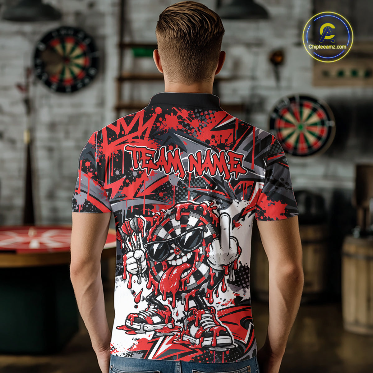 Custom Red Graffiti Funny Dripping Dartboard Dart Team Jersey Men Polo Shirt IPHW12688