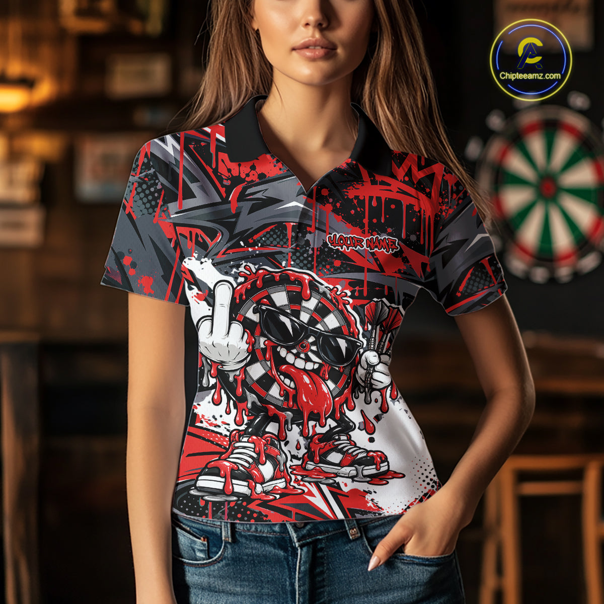 Custom Red Graffiti Funny Dripping Dartboard Dart Team Jersey Women Polo Shirt IPHW12688