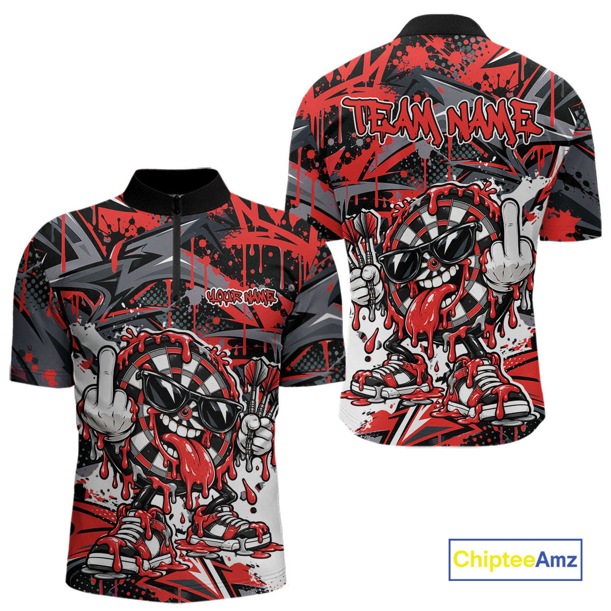 Custom Red Graffiti Funny Dripping Dartboard Dart Team Jersey Men Quarter Zip Shirt IPHW12688