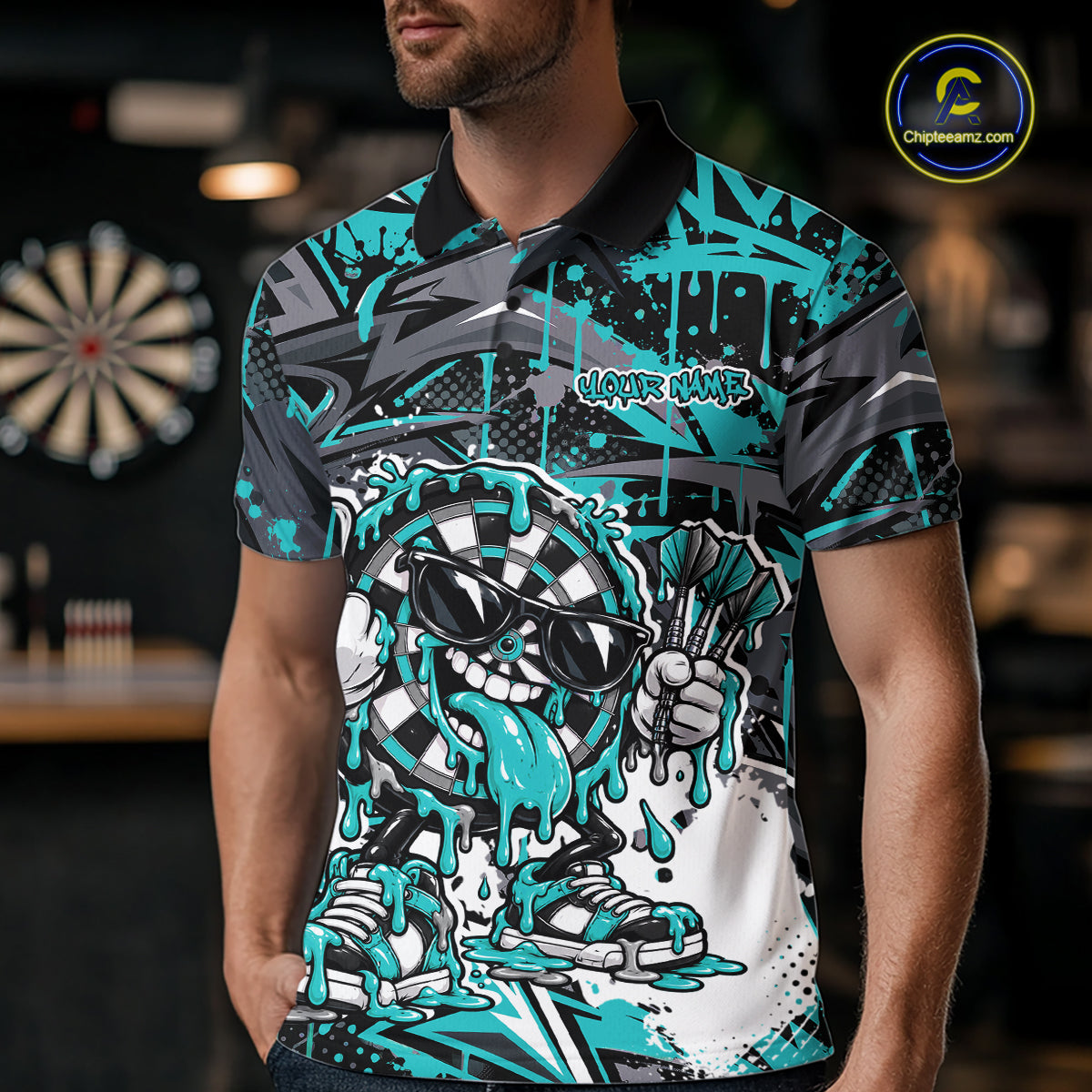Custom Turquoise Graffiti Funny Dripping Dartboard Dart Team Jersey Men Polo Shirt IPHW12689