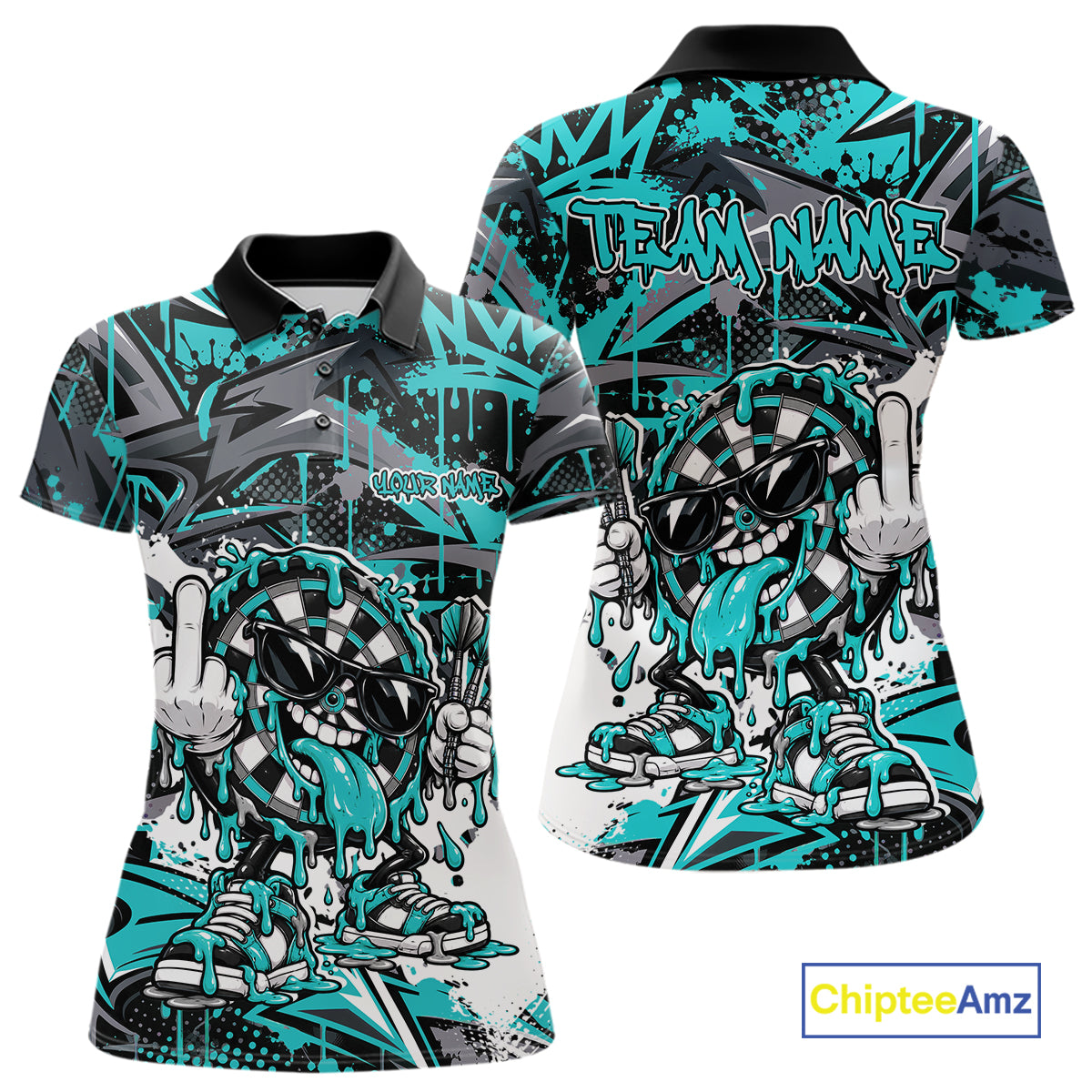 Custom Turquoise Graffiti Funny Dripping Dartboard Dart Team Jersey Women Polo Shirt IPHW12689