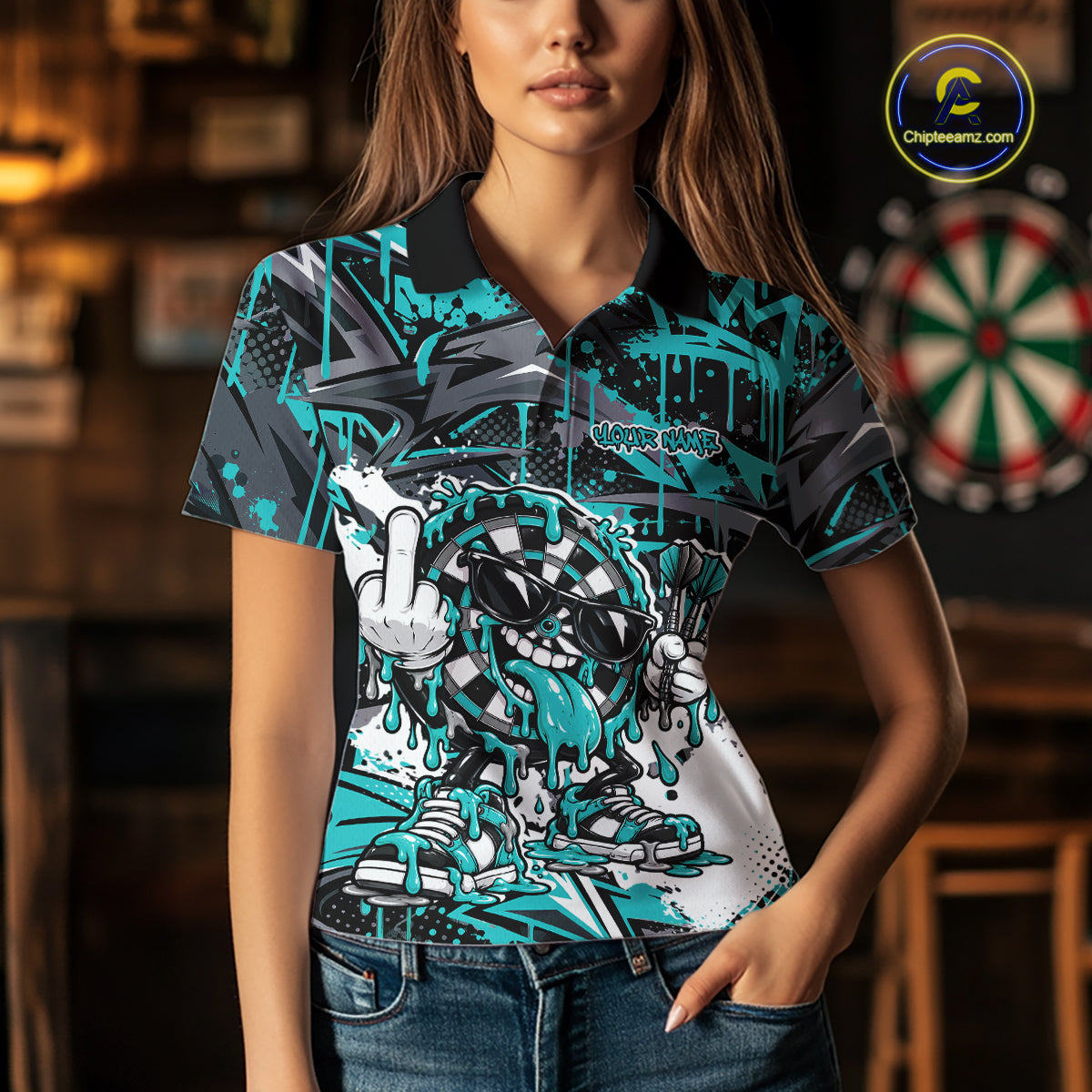 Custom Turquoise Graffiti Funny Dripping Dartboard Dart Team Jersey Women Polo Shirt IPHW12689