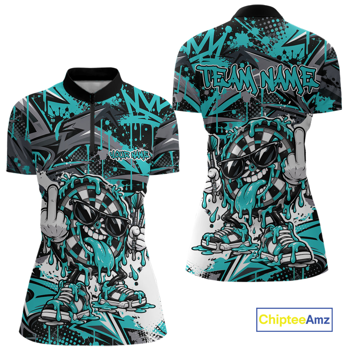 Custom Turquoise Graffiti Funny Dripping Dartboard Dart Team Jersey Women Quarter-Zip IPHW12689