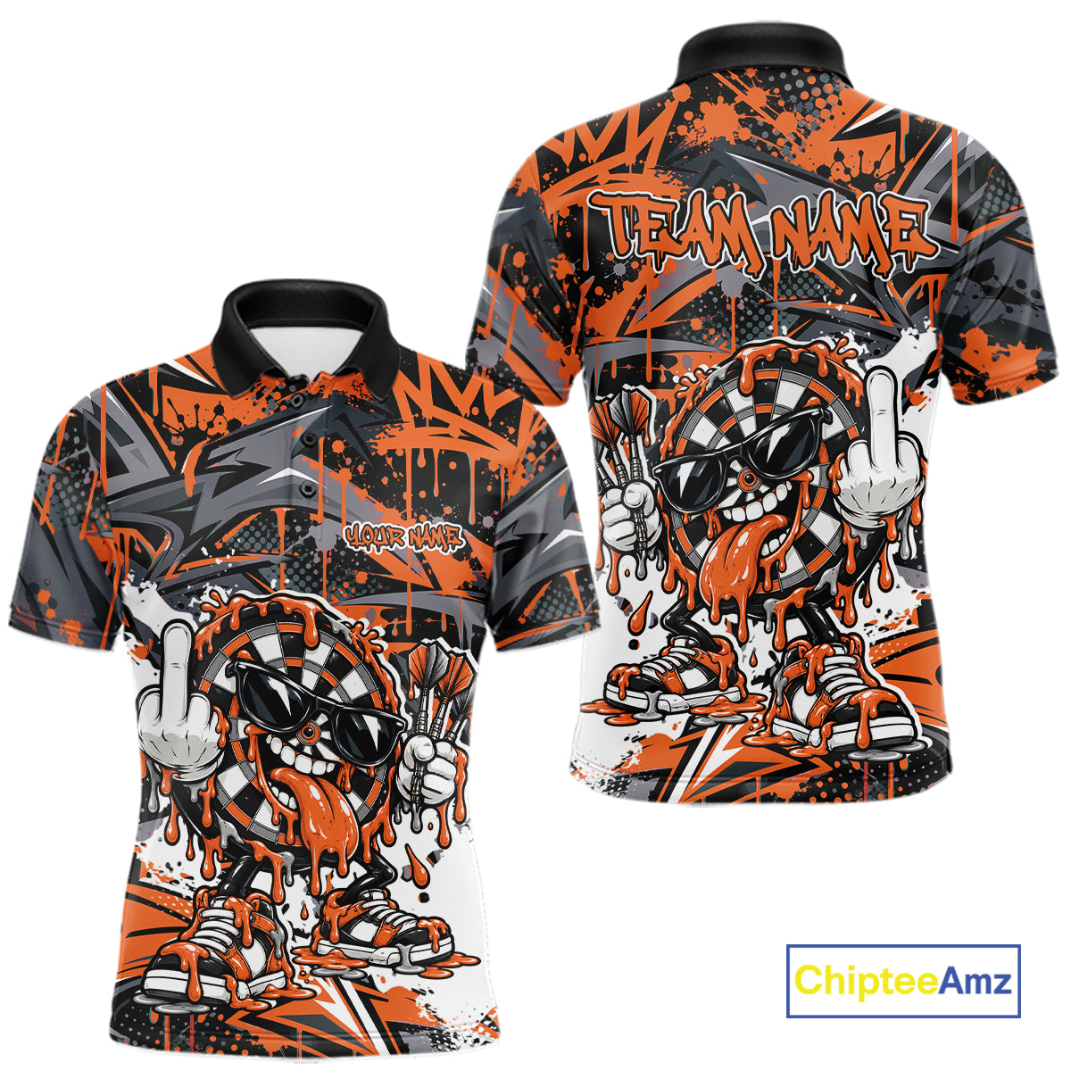 Custom Orange Graffiti Funny Dripping Dartboard Dart Team Jersey Men Polo Shirt IPHW12690