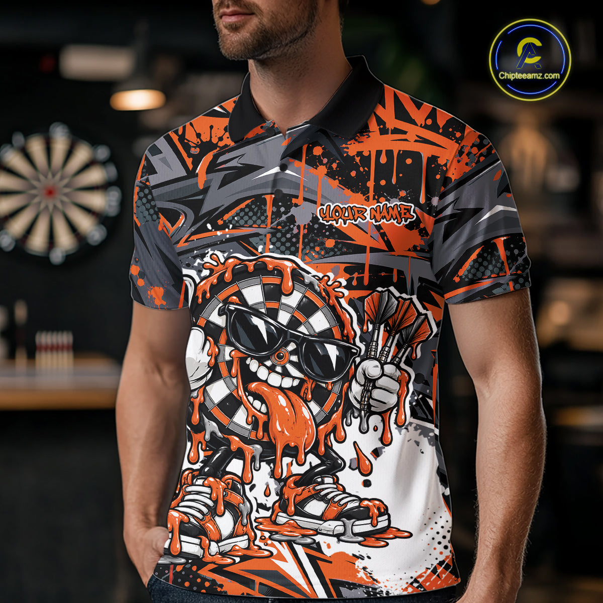 Custom Orange Graffiti Funny Dripping Dartboard Dart Team Jersey Men Polo Shirt IPHW12690