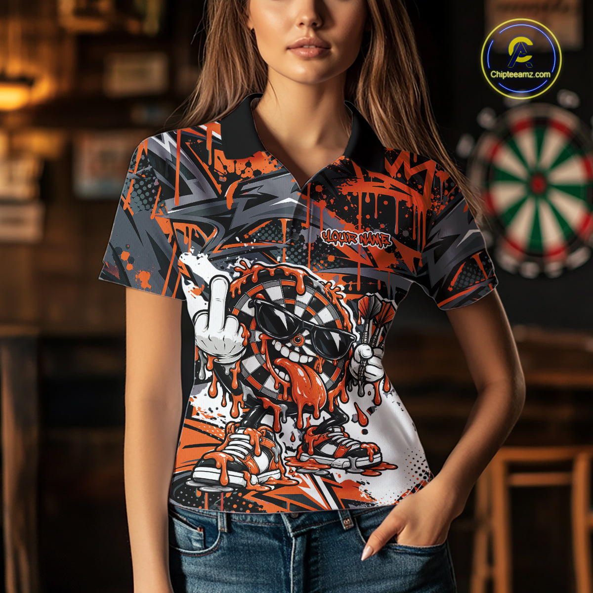 Custom Orange Graffiti Funny Dripping Dartboard Dart Team Jersey Women Polo Shirt IPHW12690
