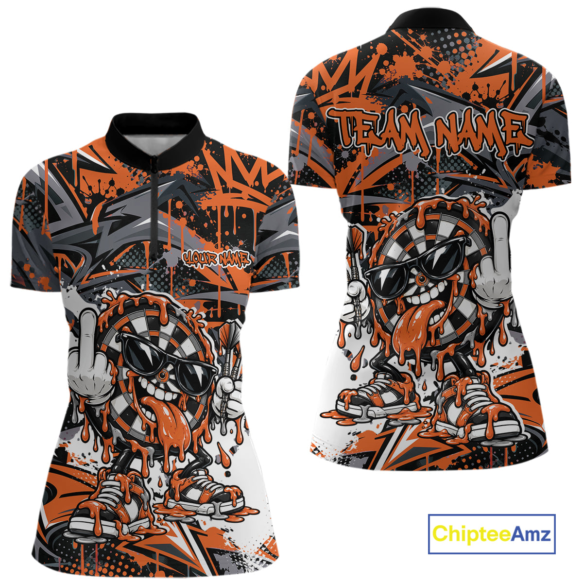 Custom Orange Graffiti Funny Dripping Dartboard Dart Team Jersey Women Quarter-Zip Shirt IPHW12690