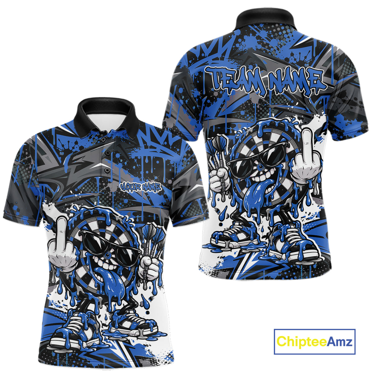Custom Blue Graffiti Funny Dripping Dartboard Dart Team Jersey Men Polo Shirt IPHW12691