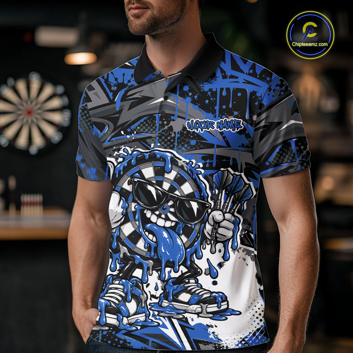 Custom Blue Graffiti Funny Dripping Dartboard Dart Team Jersey Men Polo Shirt IPHW12691