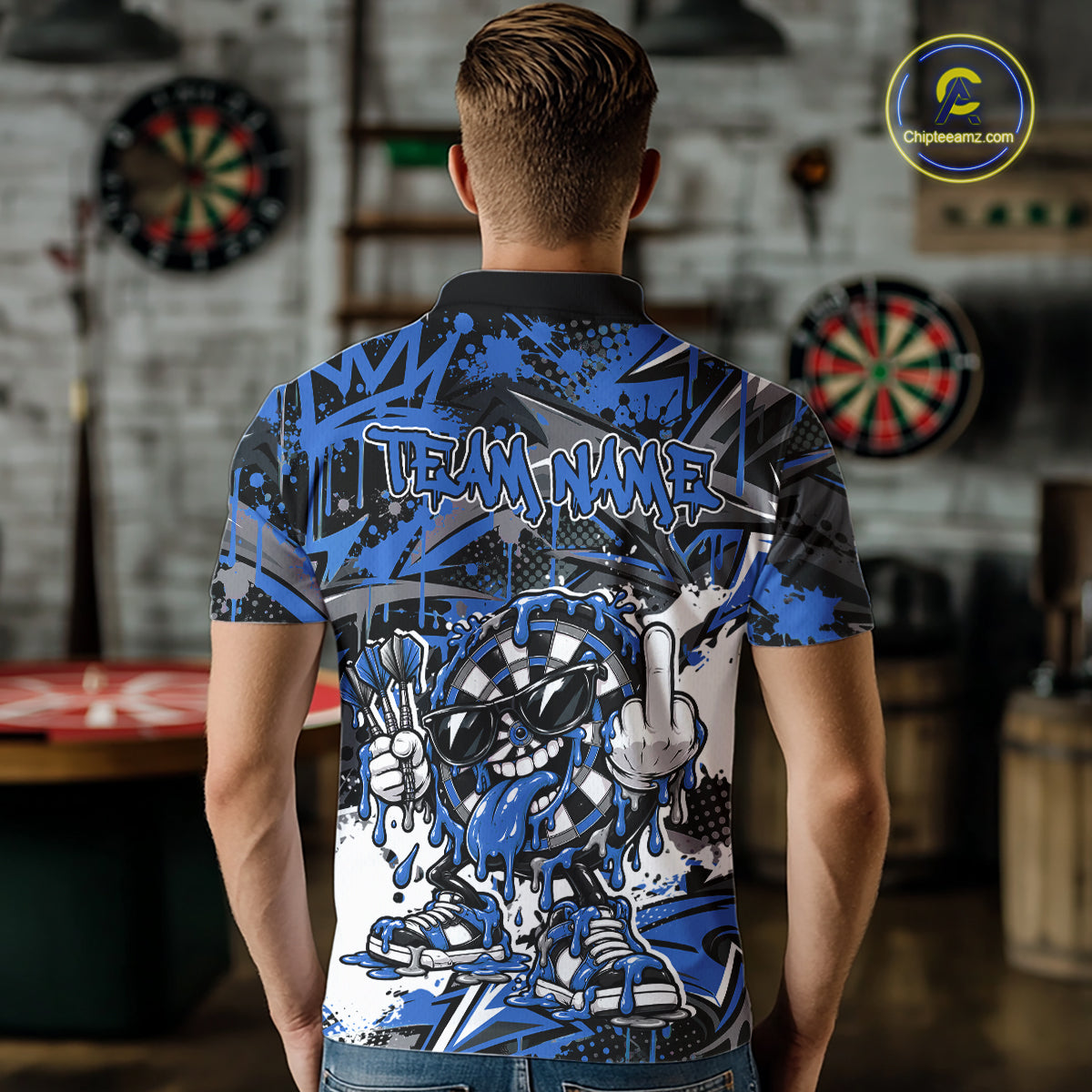 Custom Blue Graffiti Funny Dripping Dartboard Dart Team Jersey Men Polo Shirt IPHW12691