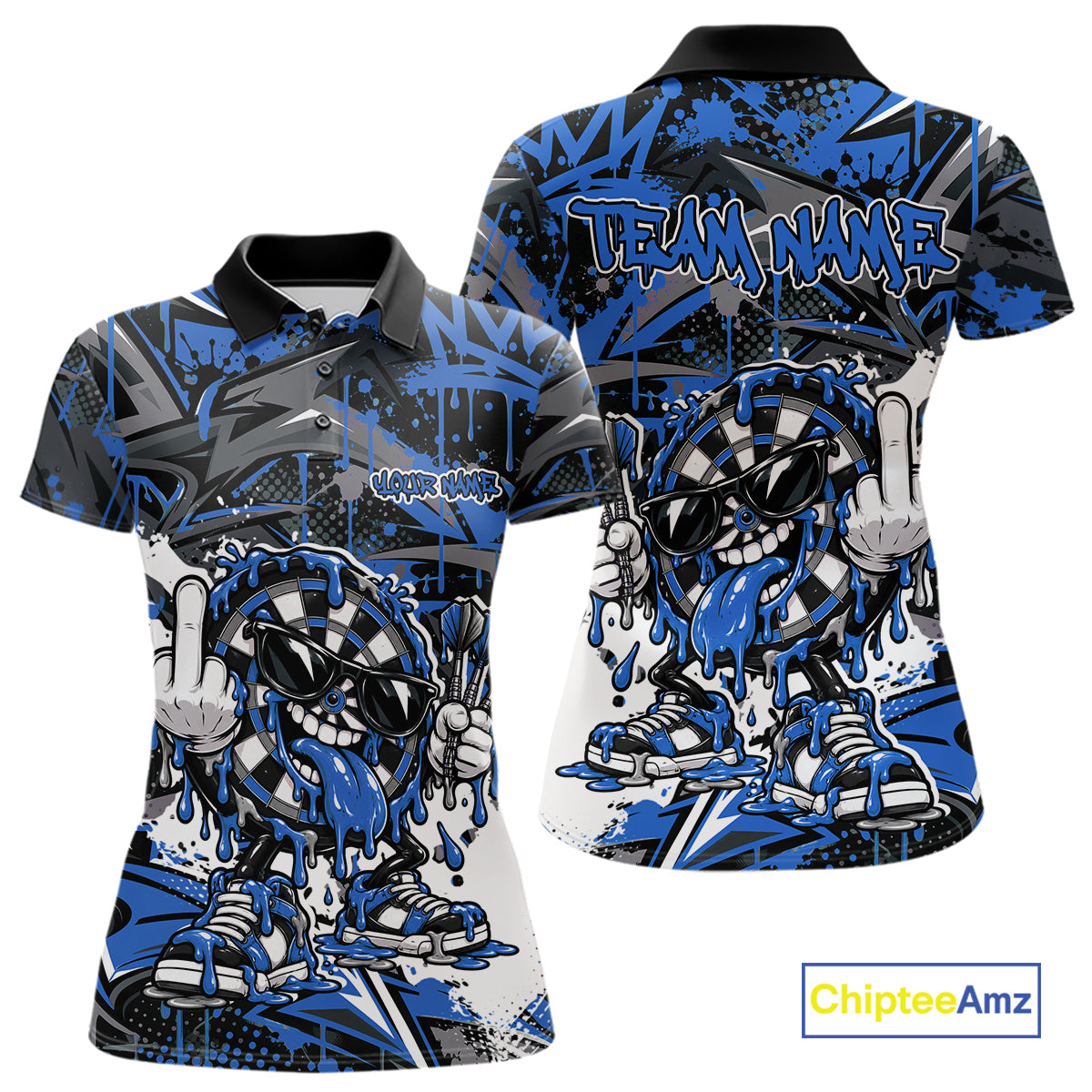 Custom Blue Graffiti Funny Dripping Dartboard Dart Team Jersey Women Polo Shirt IPHW12691