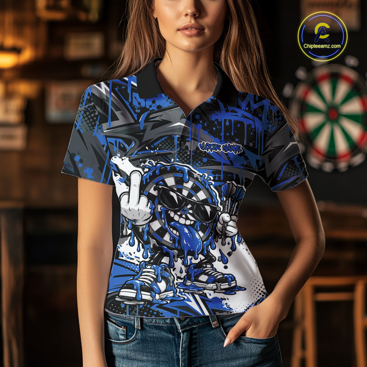 Custom Blue Graffiti Funny Dripping Dartboard Dart Team Jersey Women Polo Shirt IPHW12691