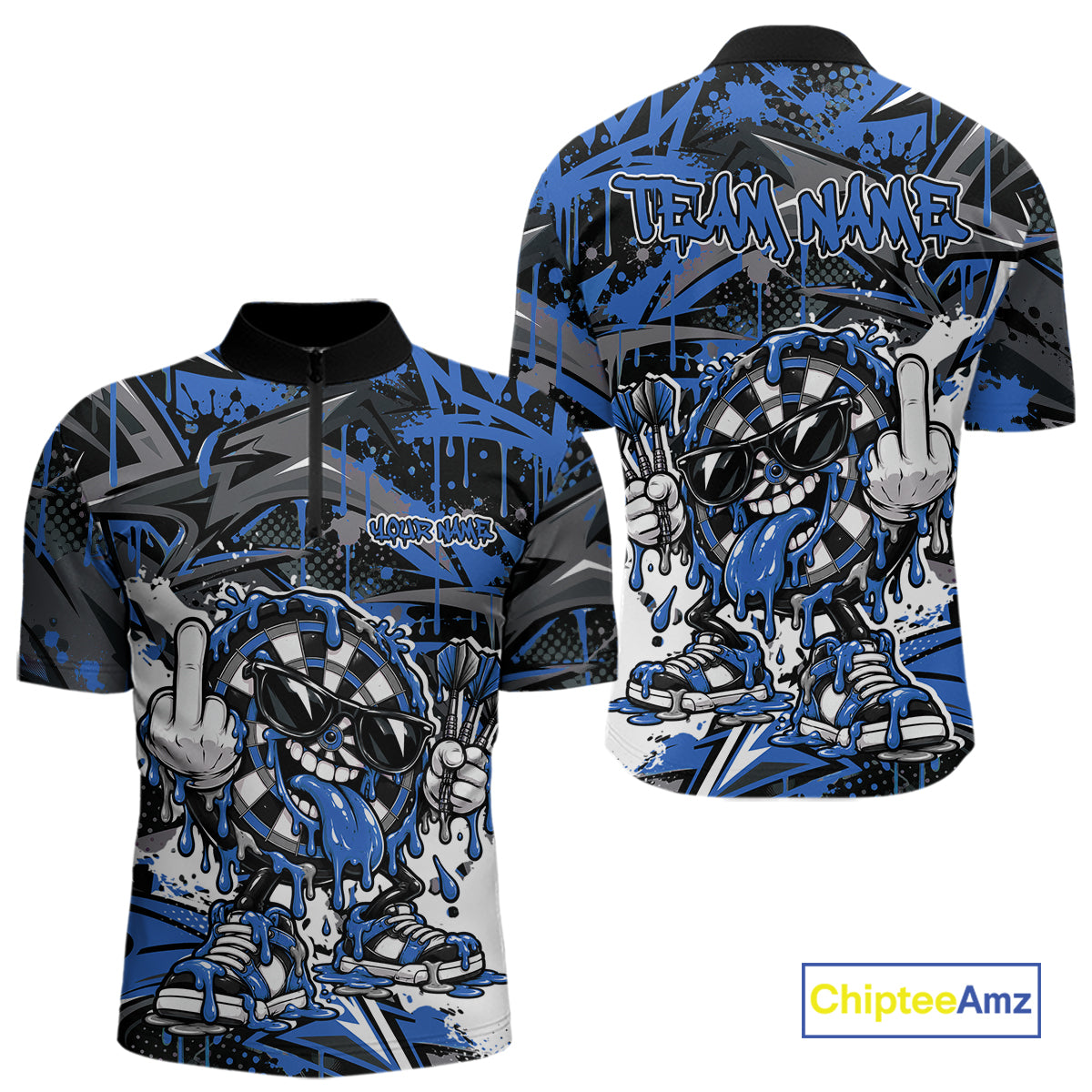 Custom Blue Graffiti Funny Dripping Dartboard Dart Team Jersey Men Quarter Zip Shirt IPHW12691