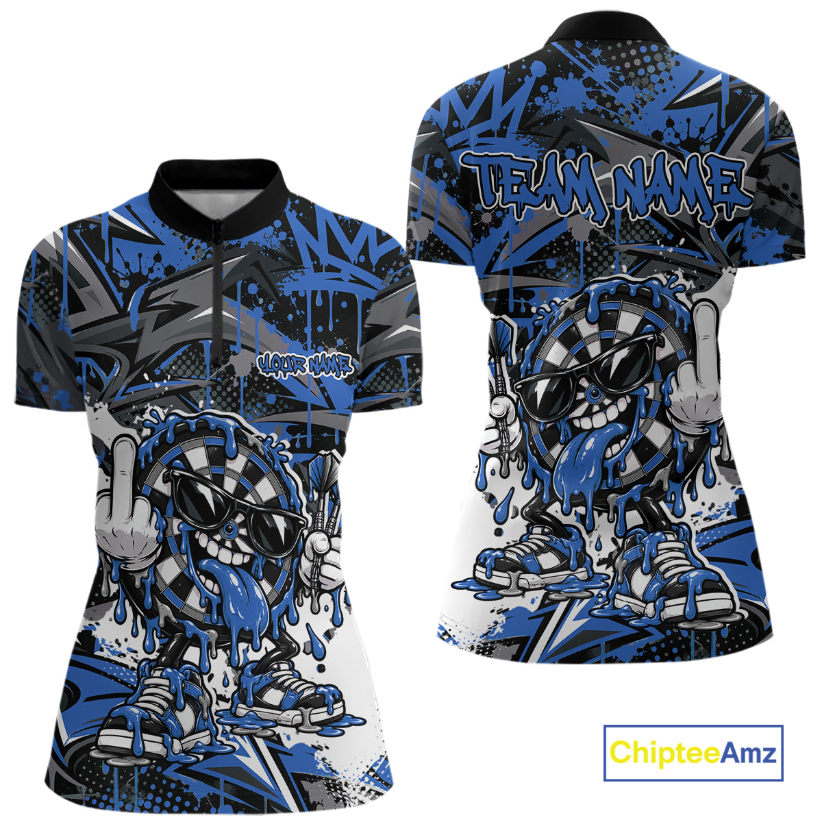 Custom Blue Graffiti Funny Dripping Dartboard Dart Team Jersey Women Quarter-Zip Shirt IPHW12691