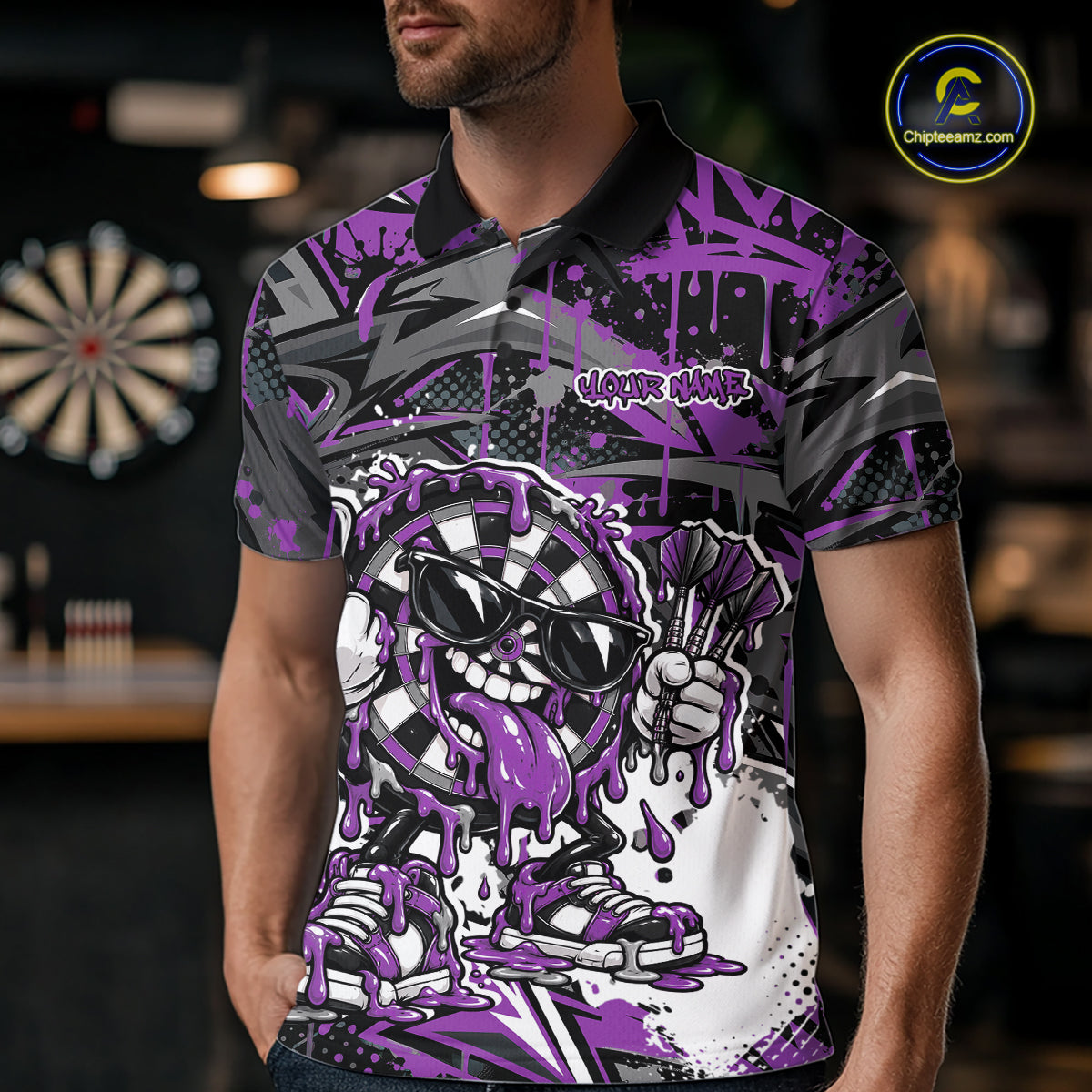 Custom Purple Graffiti Funny Dripping Dartboard Dart Team Jersey Men Polo Shirt IPHW12692