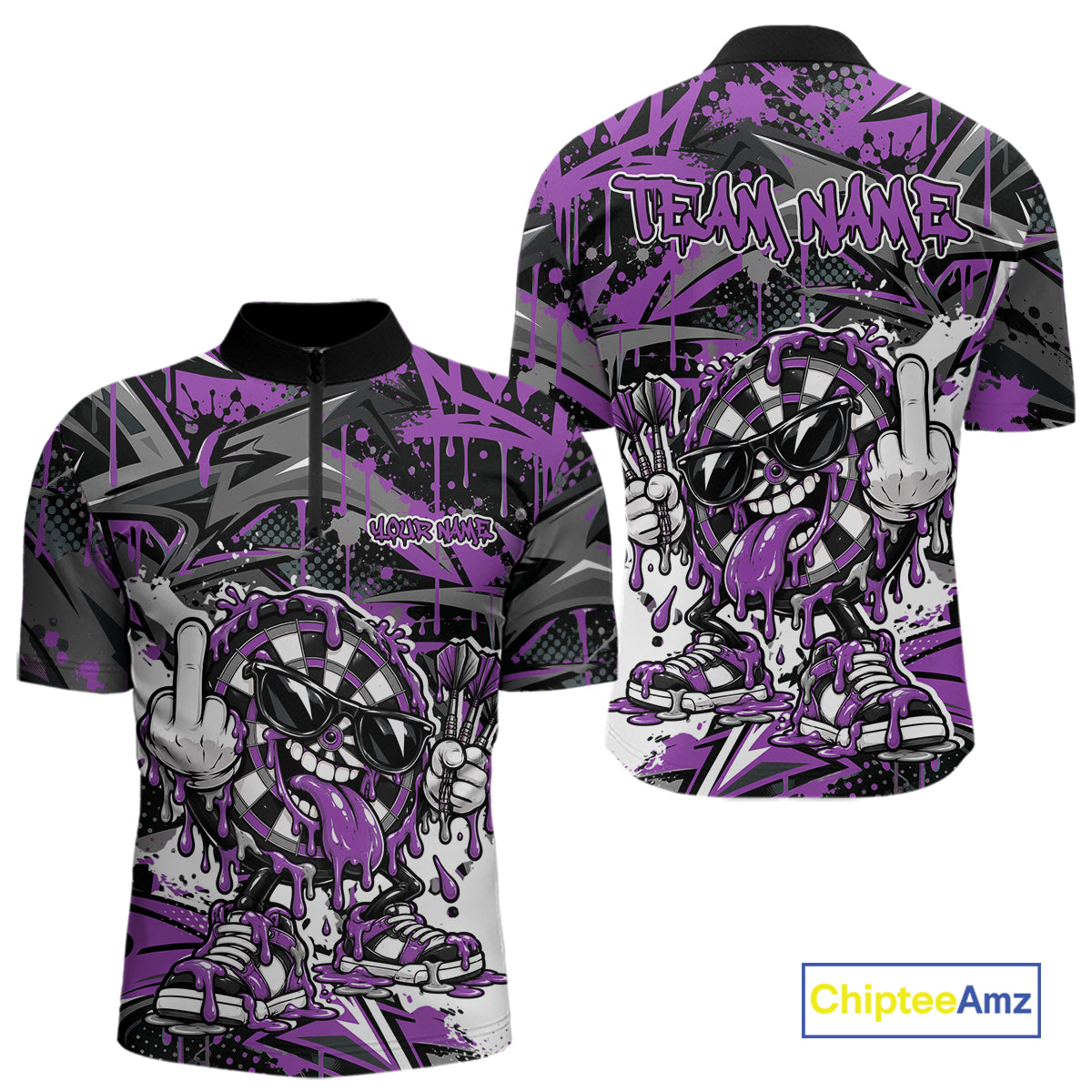 Custom Purple Graffiti Funny Dripping Dartboard Dart Team Jersey Men Quarter Zip Shirt IPHW12692