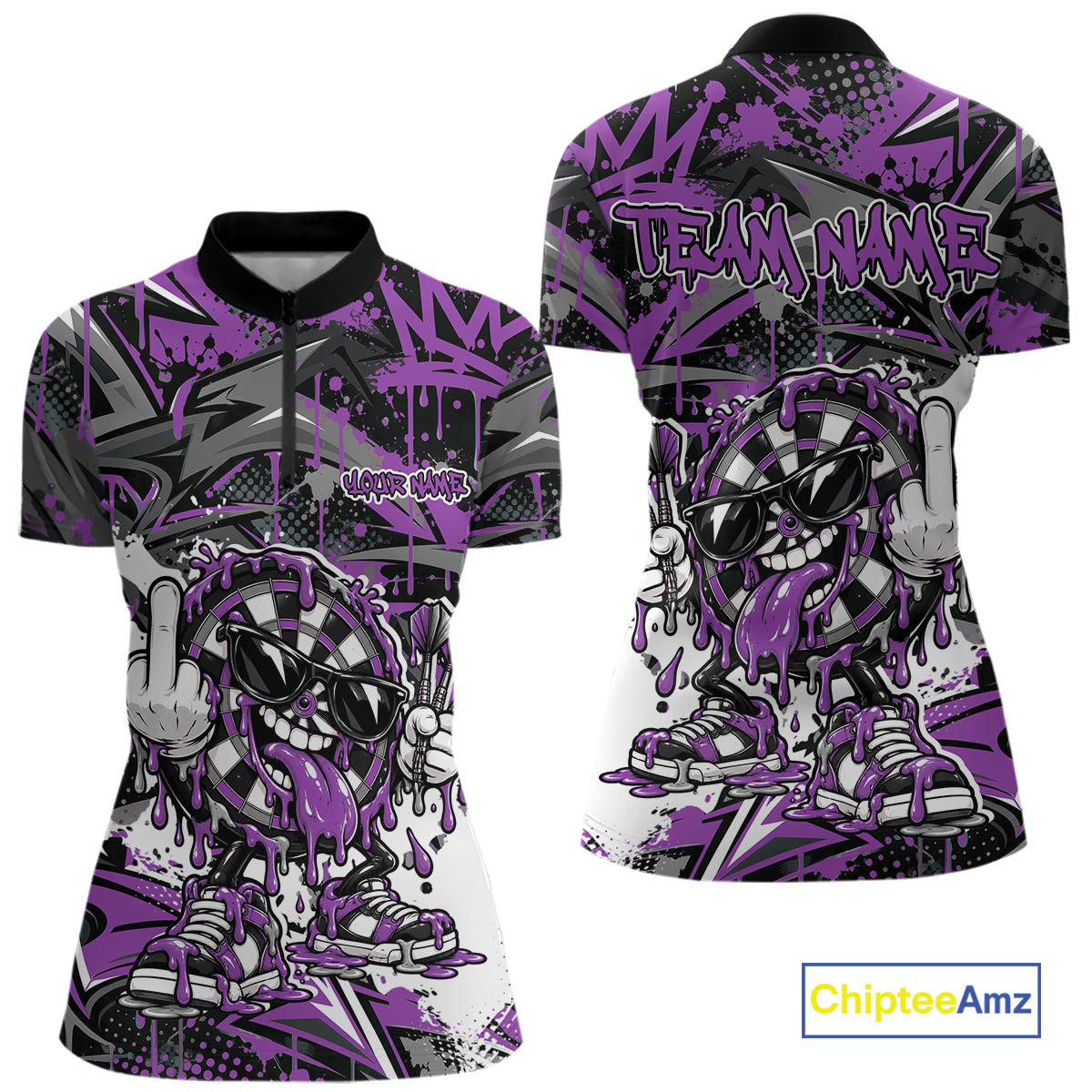 Custom Purple Graffiti Funny Dripping Dartboard Dart Team Jersey Women Quarter-Zip Shirt IPHW12692