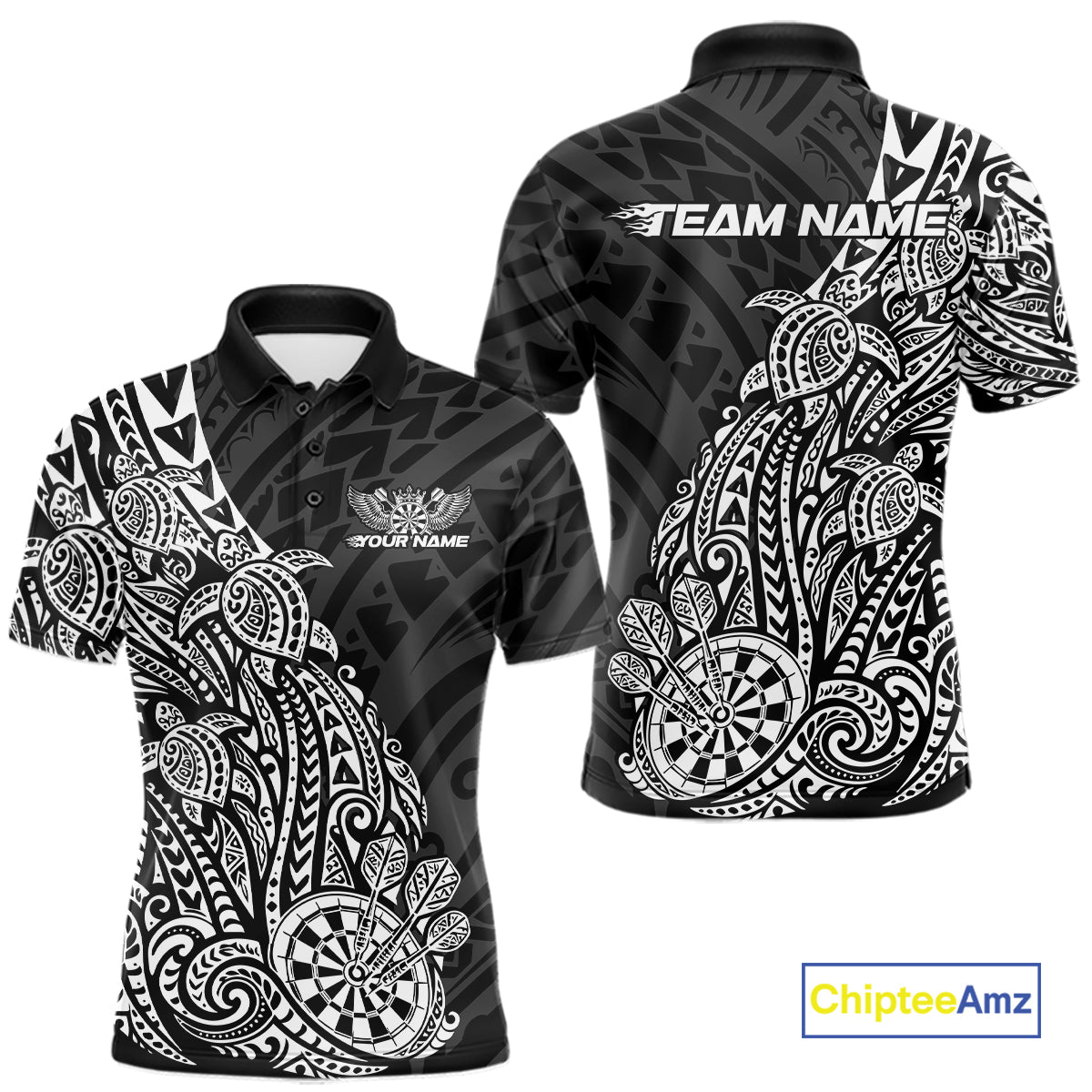 Custom Black And White Polynesian Tribal Turtle Dart Men Polo Team Shirt Outfit IPHW12693