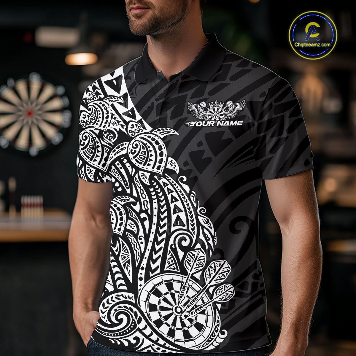 Custom Black And White Polynesian Tribal Turtle Dart Men Polo Team Shirt Outfit IPHW12693