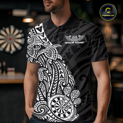 Custom Black And White Polynesian Tribal Turtle Dart Men Polo Team Shirt Outfit IPHW12693