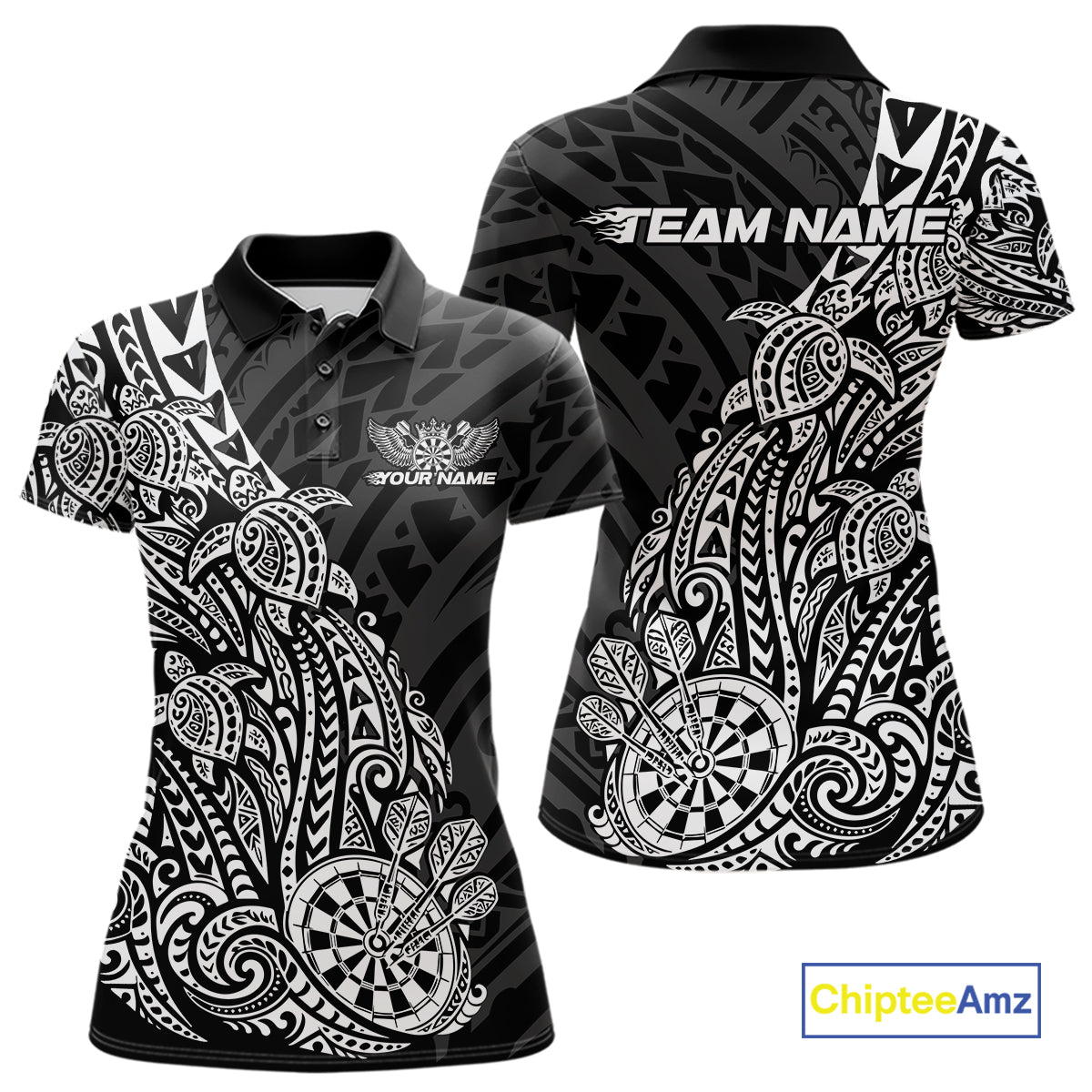 Custom Black And White Polynesian Tribal Turtle Dart Women Polo Team Shirt Outfit IPHW12693