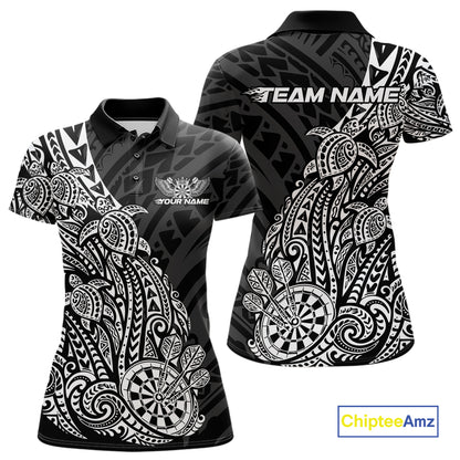 Custom Black And White Polynesian Tribal Turtle Dart Women Polo Team Shirt Outfit IPHW12693