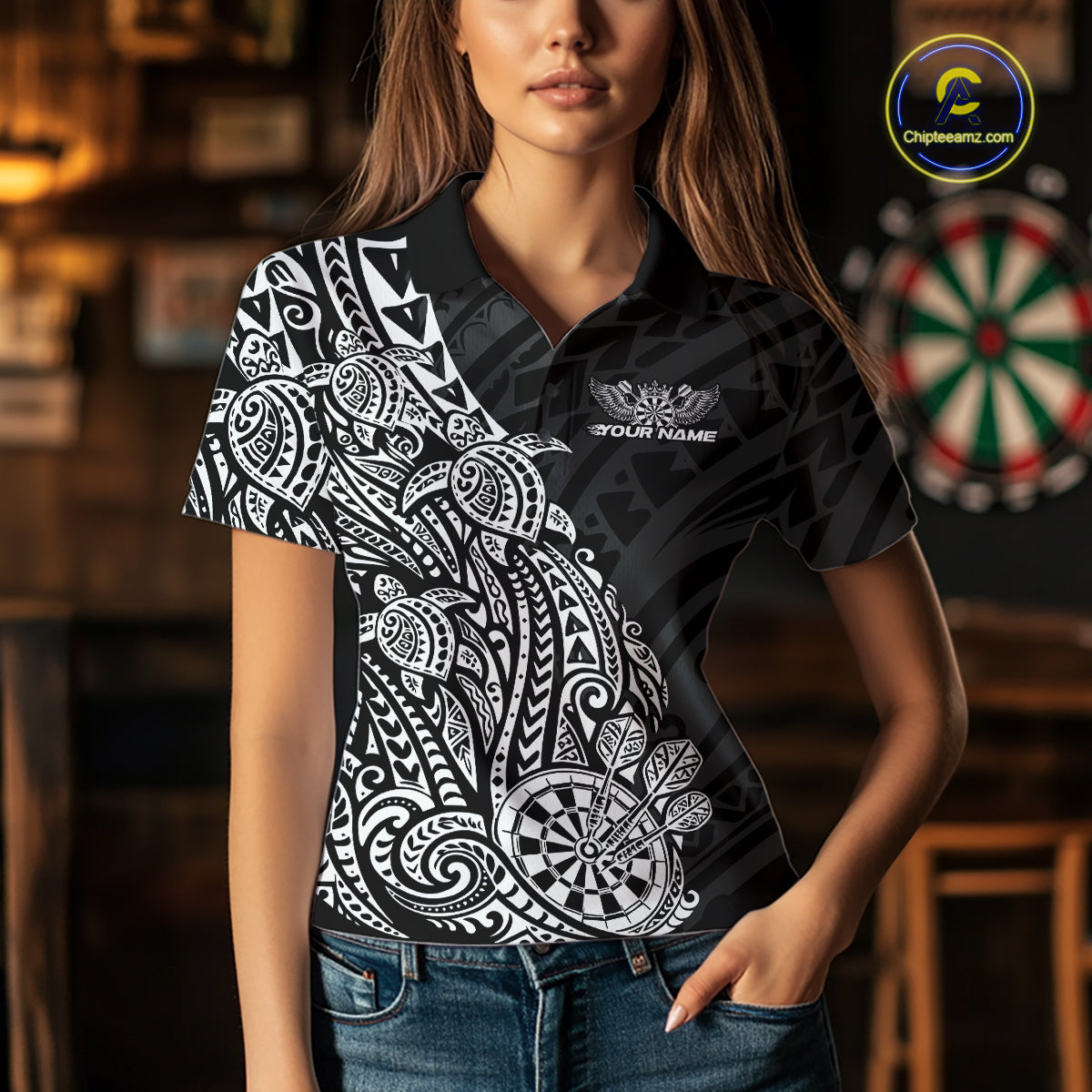 Custom Black And White Polynesian Tribal Turtle Dart Women Polo Team Shirt Outfit IPHW12693