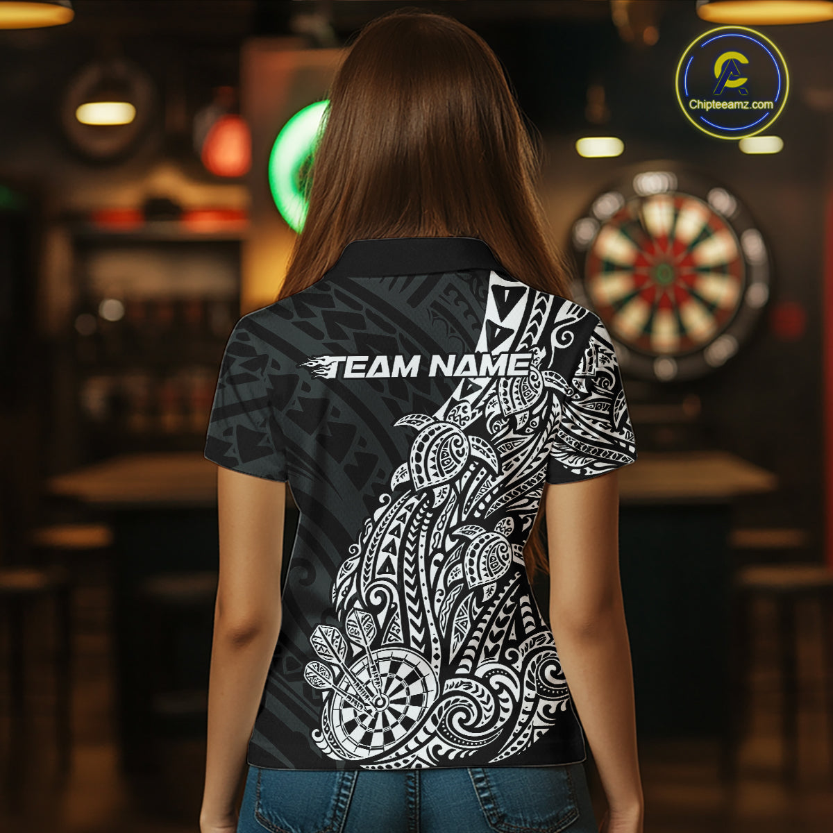 Custom Black And White Polynesian Tribal Turtle Dart Women Polo Team Shirt Outfit IPHW12693