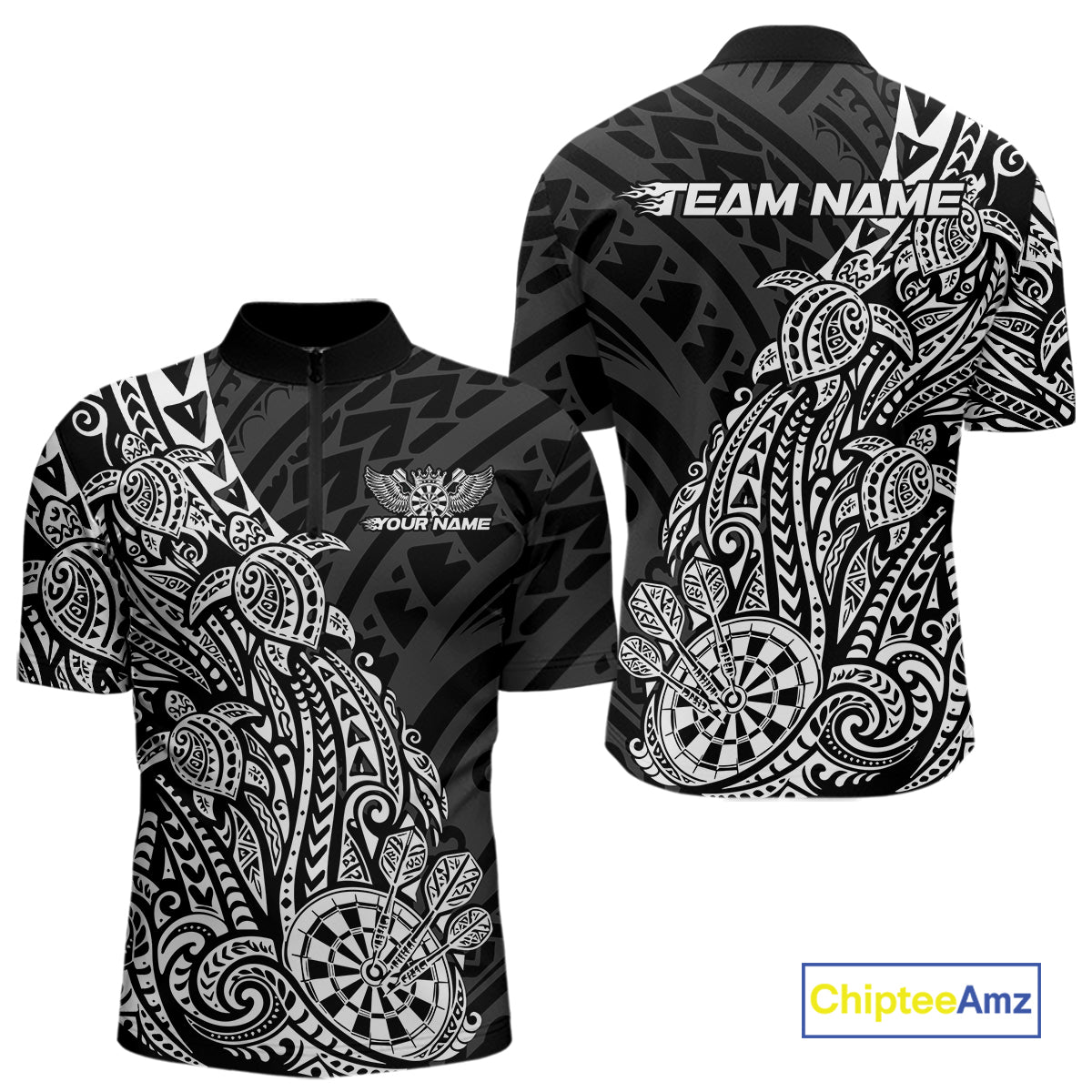 Custom Black And White Polynesian Tribal Turtle Dart Men Quarter Zip Team Shirt Outfit IPHW12693