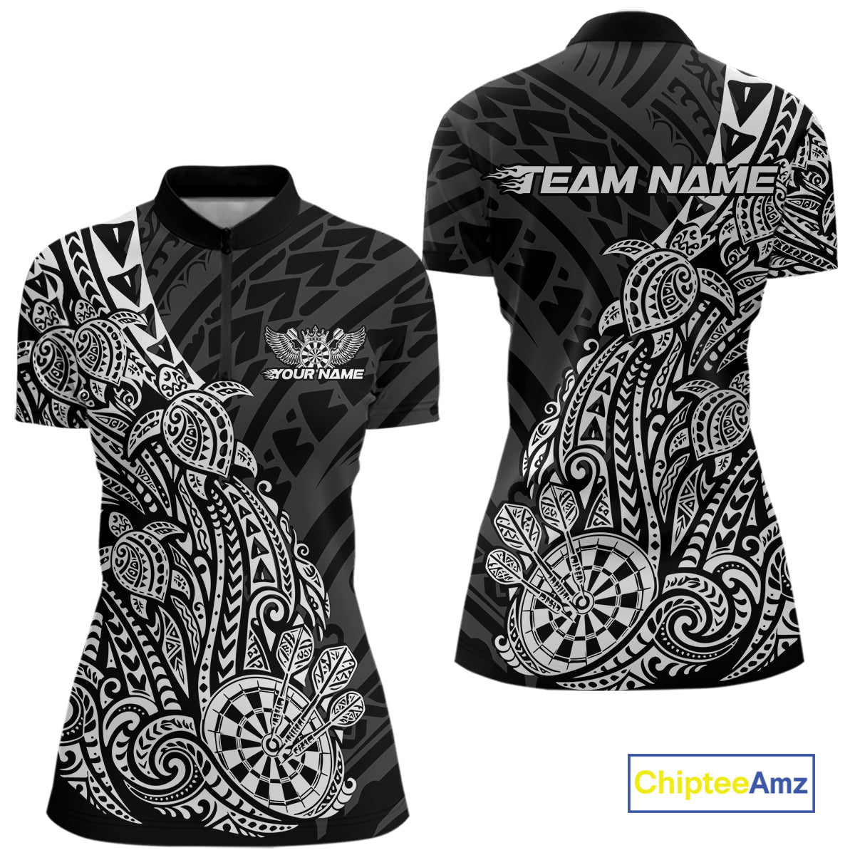 Custom Black And White Polynesian Tribal Turtle Dart Women Quarter-Zip Team Shirt Outfit IPHW12693