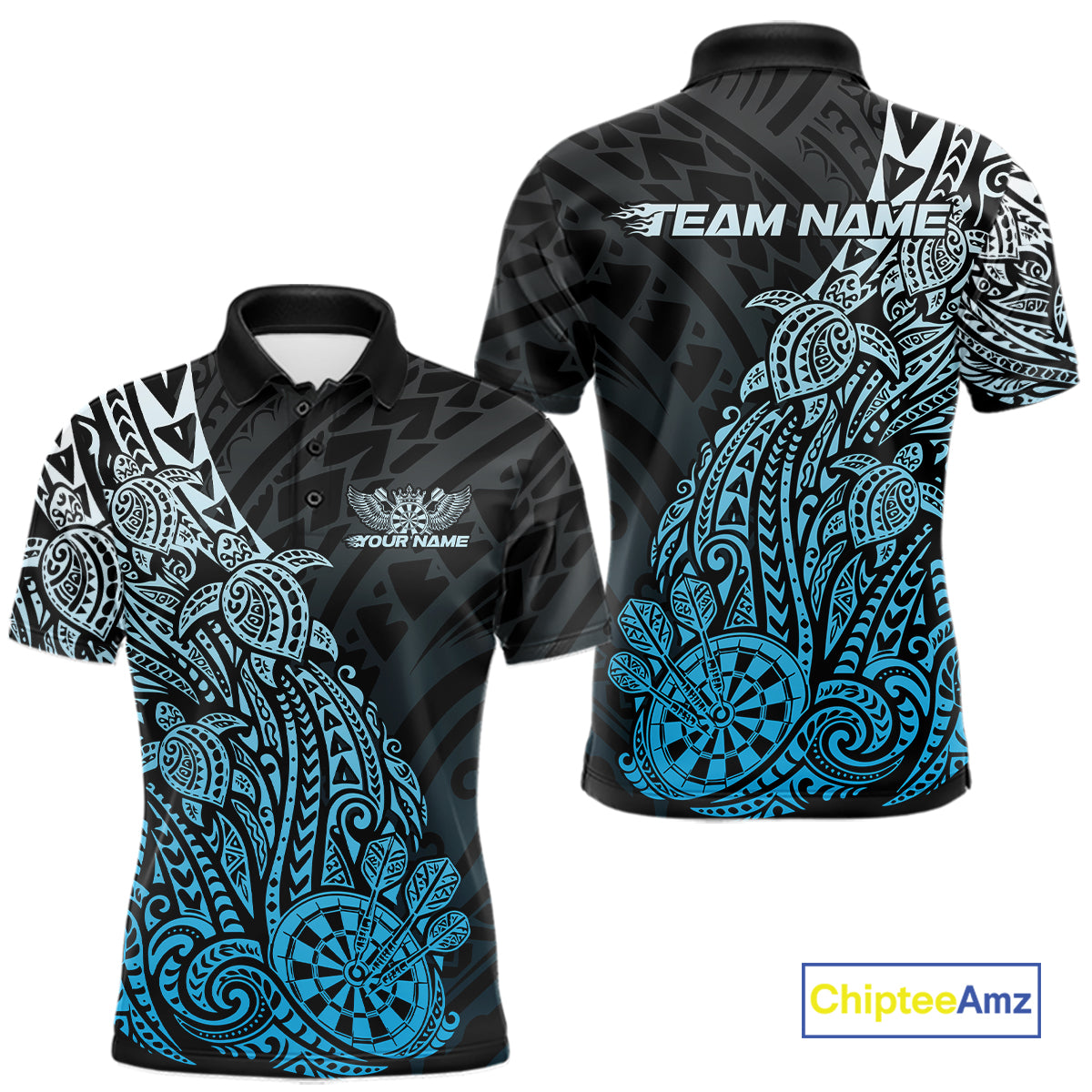Custom Black And Blue Polynesian Tribal Turtle Dart Men Polo Team Shirt Outfit IPHW12694