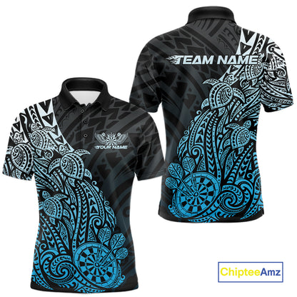 Custom Black And Blue Polynesian Tribal Turtle Dart Men Polo Team Shirt Outfit IPHW12694