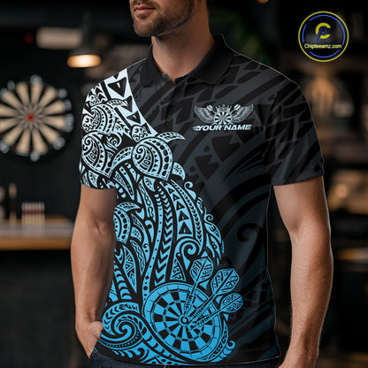 Custom Black And Blue Polynesian Tribal Turtle Dart Men Polo Team Shirt Outfit IPHW12694