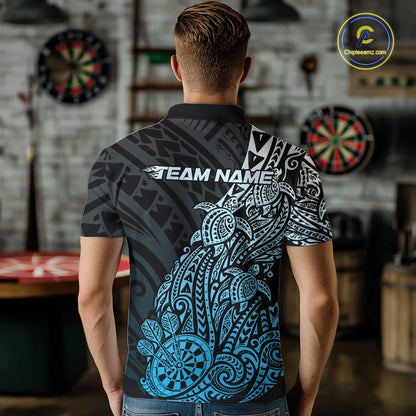 Custom Black And Blue Polynesian Tribal Turtle Dart Men Polo Team Shirt Outfit IPHW12694