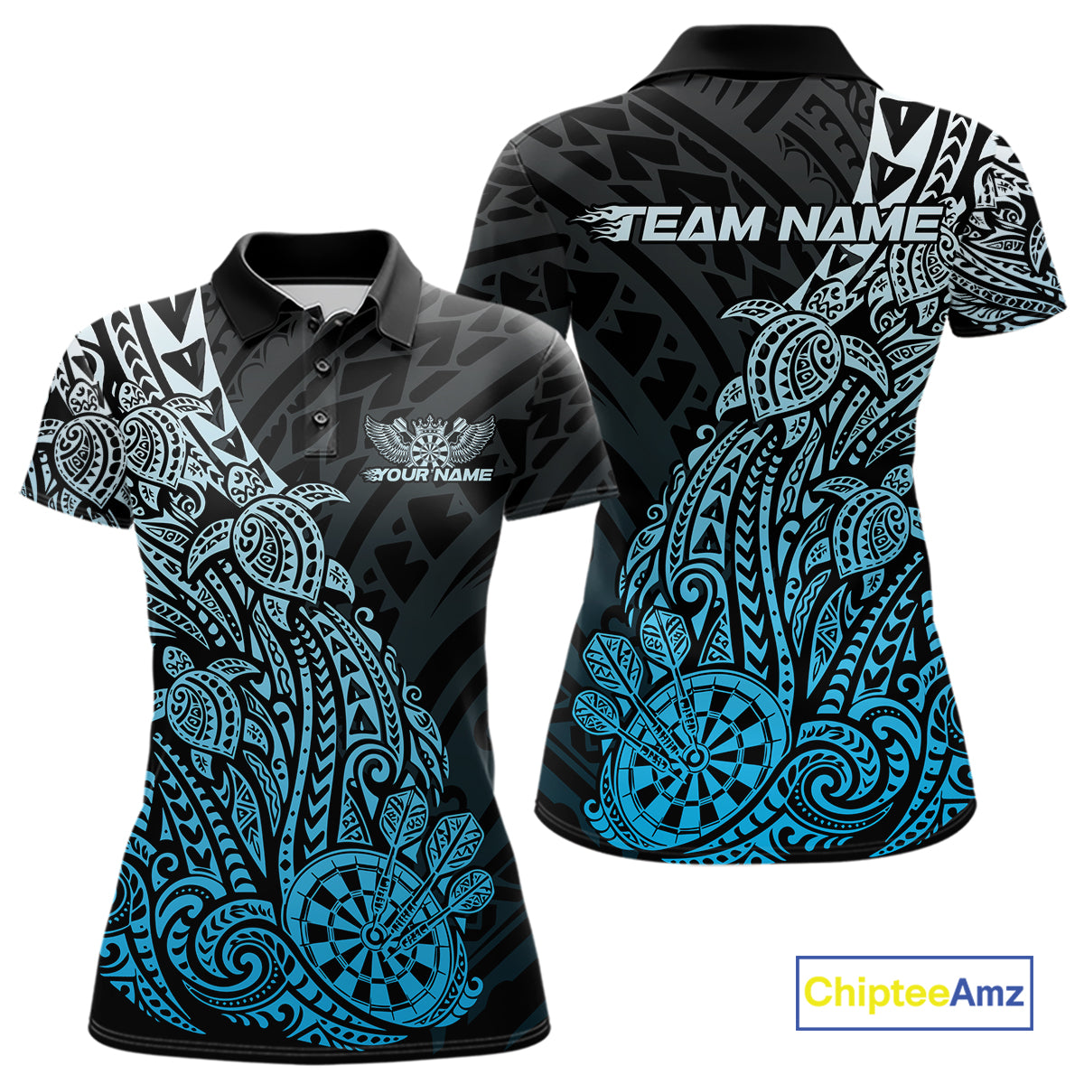 Custom Black And Blue Polynesian Tribal Turtle Dart Women Polo Team Shirt Outfit IPHW12694