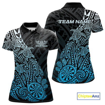 Custom Black And Blue Polynesian Tribal Turtle Dart Women Polo Team Shirt Outfit IPHW12694