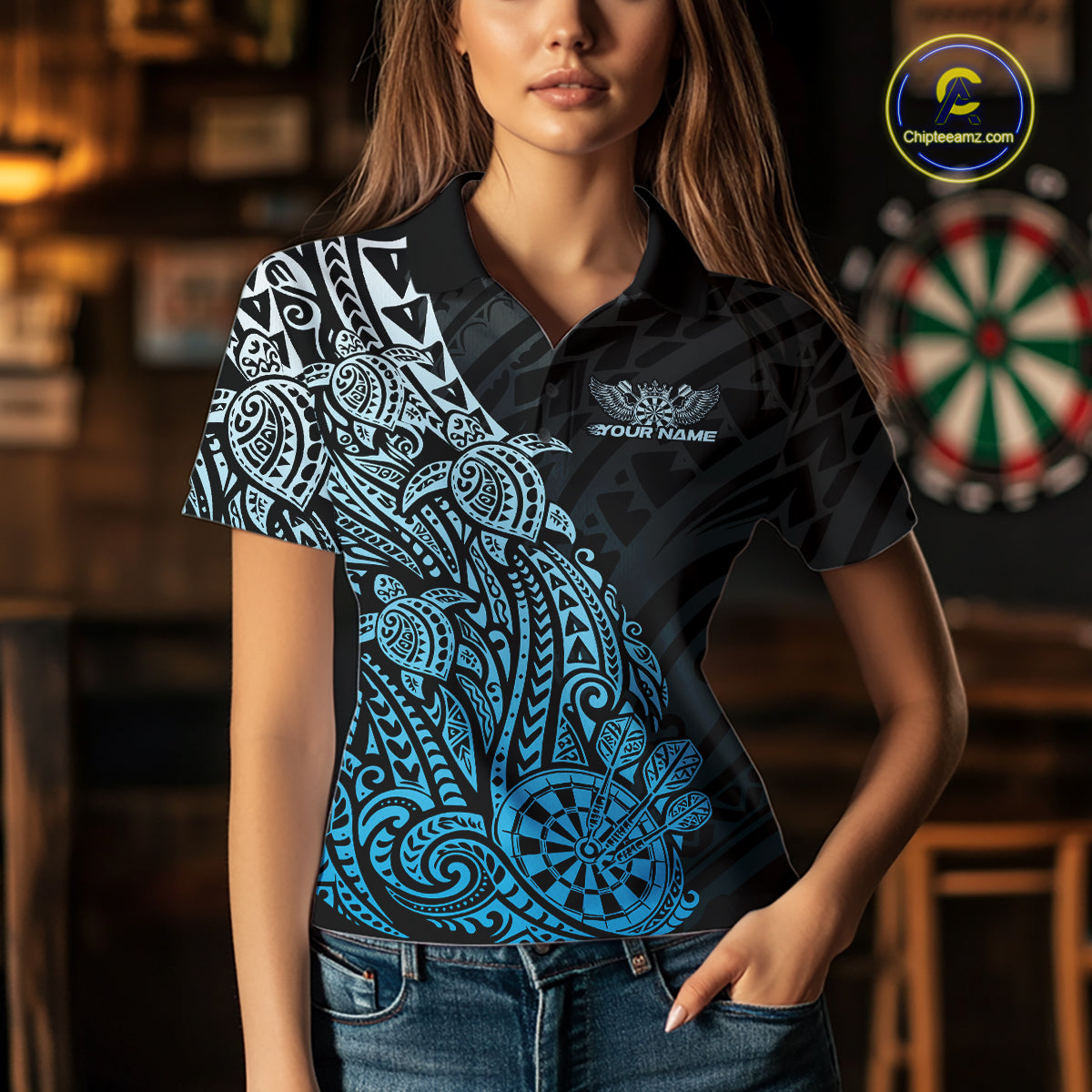 Custom Black And Blue Polynesian Tribal Turtle Dart Women Polo Team Shirt Outfit IPHW12694